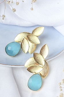 Gold Finish Aqua Synthetic Stone Leaf Stud Earrings