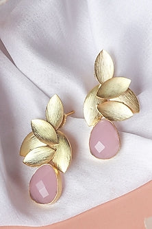 Gold Finish Aqua Synthetic Stone Leaf Stud Earrings