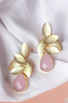 Gold Finish Aqua Synthetic Stone Leaf Stud Earrings