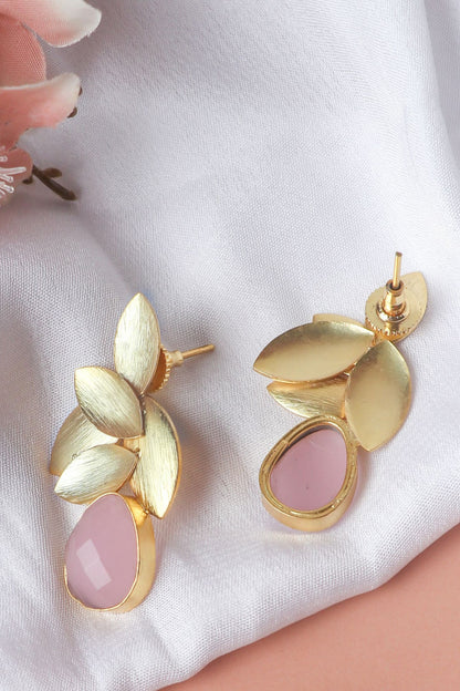 Gold Finish Aqua Synthetic Stone Leaf Stud Earrings