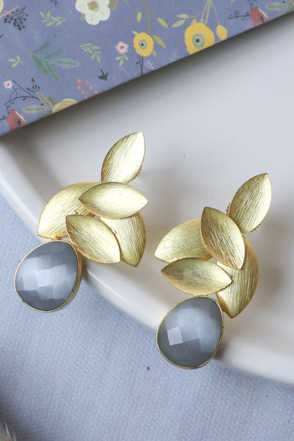 Gold Finish Grey Synthetic Stone Leaf Stud Earrings