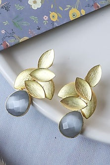 Gold Finish Grey Synthetic Stone Leaf Stud Earrings