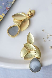 Gold Finish Grey Synthetic Stone Leaf Stud Earrings