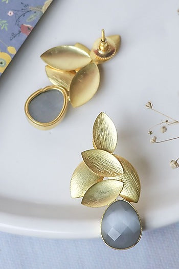 Gold Finish Grey Synthetic Stone Leaf Stud Earrings