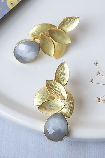 Gold Finish Grey Synthetic Stone Leaf Stud Earrings