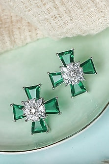 White Finish Emerald Stud Earrings