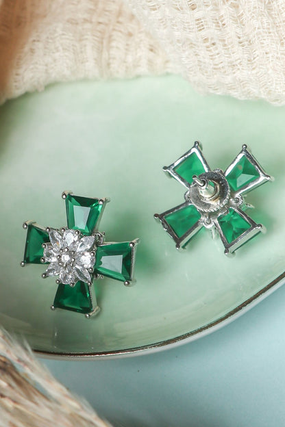 White Finish Emerald Stud Earrings