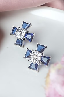 White Finish Royal Blue Stone Stud Earrings