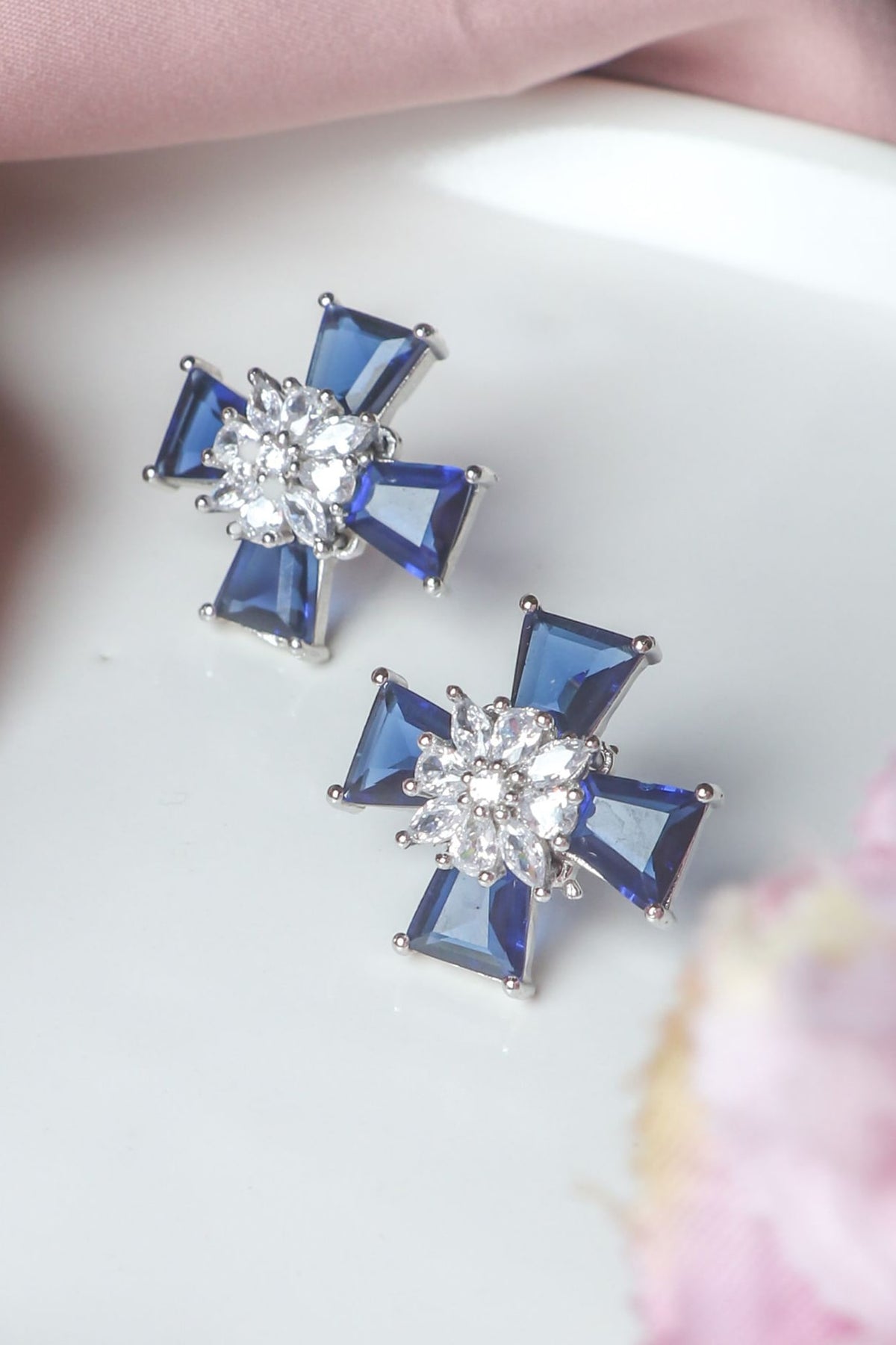 White Finish Royal Blue Stone Stud Earrings