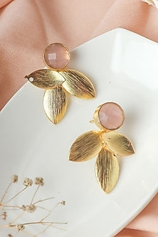Gold Finish Pink Synthetic Stone Leaf Stud Earrings