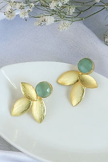 Gold Finish Mint Synthetic Stone Leaf Stud Earrings