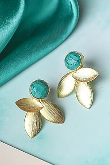 Gold Finish Turquoise Synthetic Stone Leaf Stud Earrings