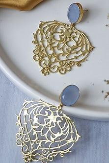 Gold Finish Blue Stone Heart Shape Dangler Earrings