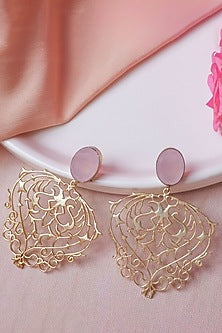 Gold Finish Pink Stone Heart Shape Dangler Earrings