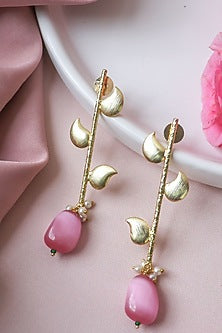 Gold Finish Western Leaf Pink Dangler Earrings