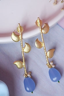 Gold Finish Western Leaf Cornflower Blue Dangler Earrings