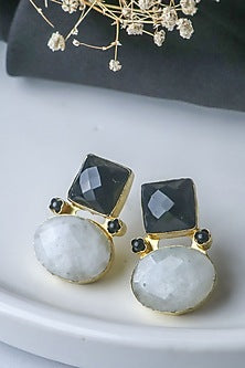 Gold Finish Black & White Natural Stone Stud Earrings