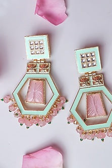 Gold Finish Green Carved Stone Meenakari Dangler Earrings