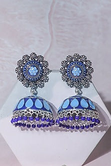 White Finish Blue Synthetic Stone Jhumka Earrings