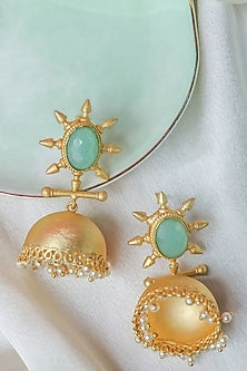 Matte Gold Finish Green Stone Jhumka Earrings