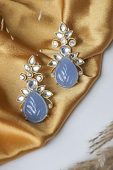 Gold Finish Cornflower Blue Carved Stone Stud Earrings