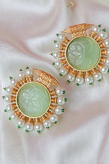 Gold Finish Pista Green Carved Stone Stud Earrings