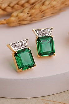 Gold Finish Bottle Green Synthetic Stone Stud Earrings