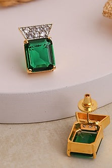 Gold Finish Bottle Green Synthetic Stone Stud Earrings