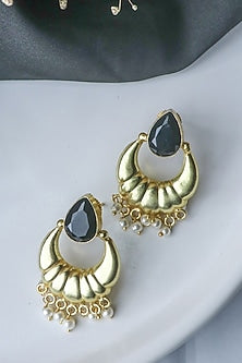 Gold Finish Black Stone & Pearl Chandbali Earrings