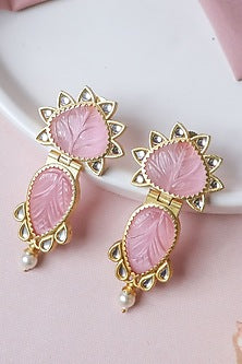 Gold Finish Pink Synthetic Stones Handcrafted Dangler Earrings