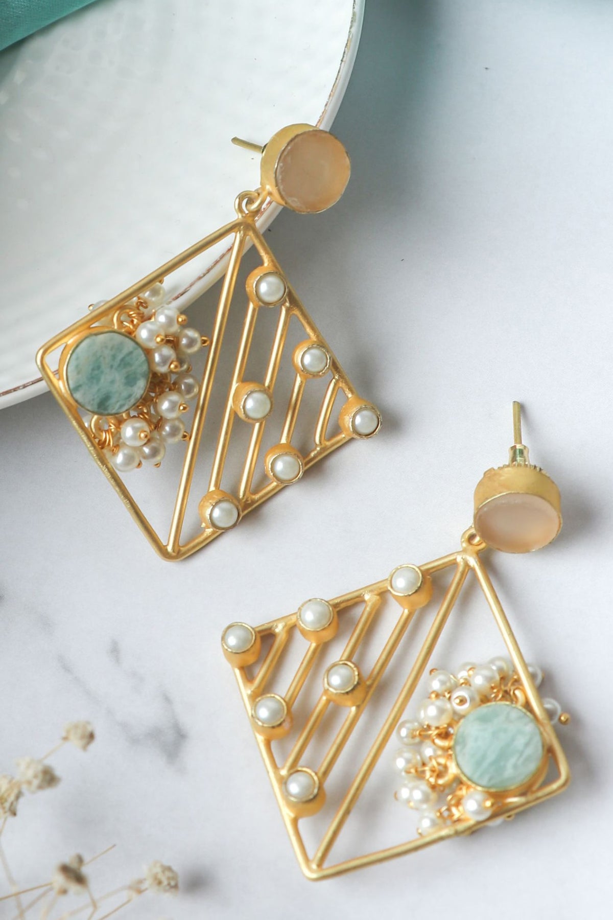 Matte Gold Finish Pastel Multi-Colored Stones Handcrafted Dangler Earrings