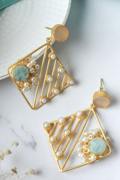 Matte Gold Finish Pastel Multi-Colored Stones Handcrafted Dangler Earrings