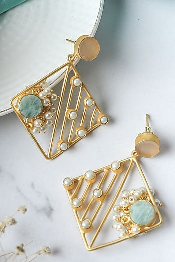 Matte Gold Finish Pastel Multi-Colored Stones Handcrafted Dangler Earrings