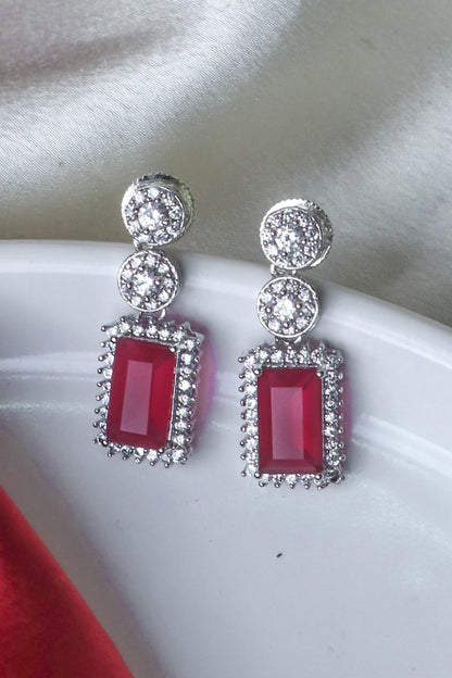 White Finish Ruby Synthetic & CZ Stone Dangler Earrings