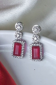 White Finish Ruby Synthetic & CZ Stone Dangler Earrings