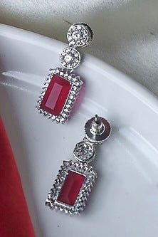 White Finish Ruby Synthetic & CZ Stone Dangler Earrings