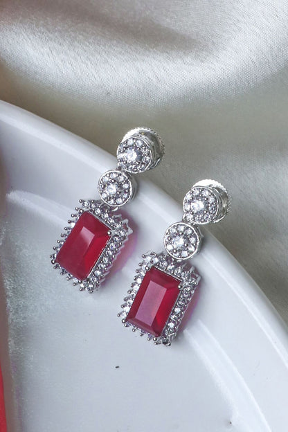 White Finish Ruby Synthetic & CZ Stone Dangler Earrings