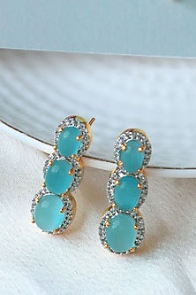 Gold Finish Aqua Blue Synthetic Stone Stud Earrings