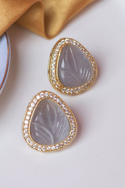 Gold Finish Grey Synthetic & CZ Sonted Stud Earrings
