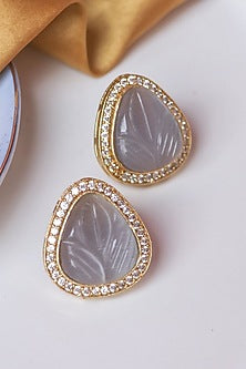 Gold Finish Grey Synthetic & CZ Sonted Stud Earrings