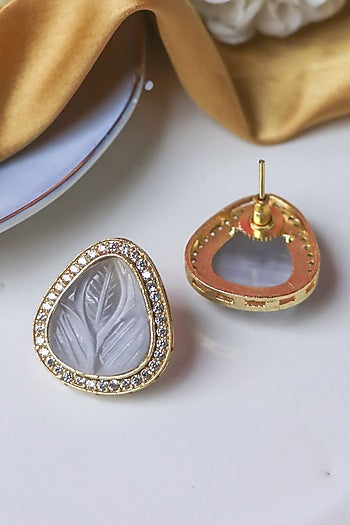 Gold Finish Grey Synthetic & CZ Sonted Stud Earrings