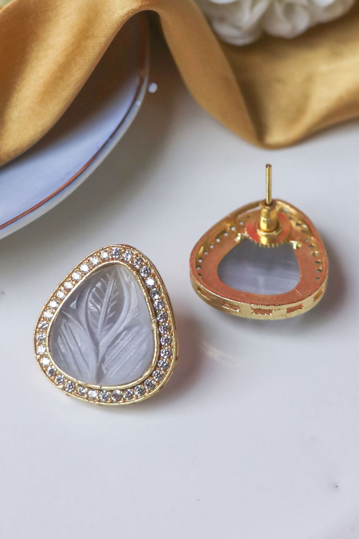 Gold Finish Grey Synthetic & CZ Sonted Stud Earrings