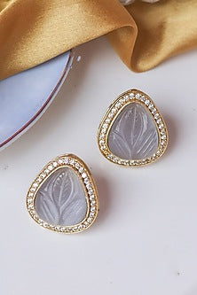 Gold Finish Grey Synthetic & CZ Sonted Stud Earrings