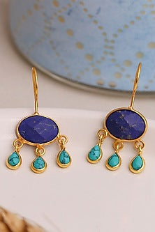 Gold Finish Purple Stone & Turquoise Drops Hoop Earrings