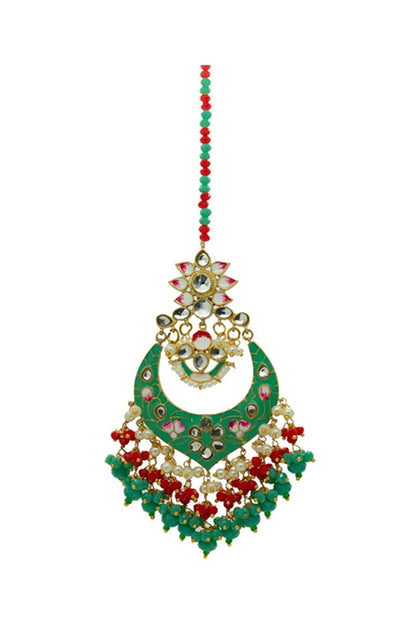 Gold Finish Enameled Dark Mint Meenakari Maang tikka Set