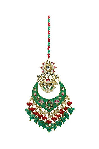 Gold Finish Enameled Dark Mint Meenakari Maang tikka Set