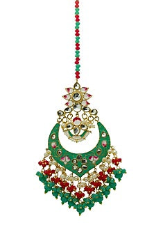 Gold Finish Enameled Dark Mint Meenakari Maang tikka Set