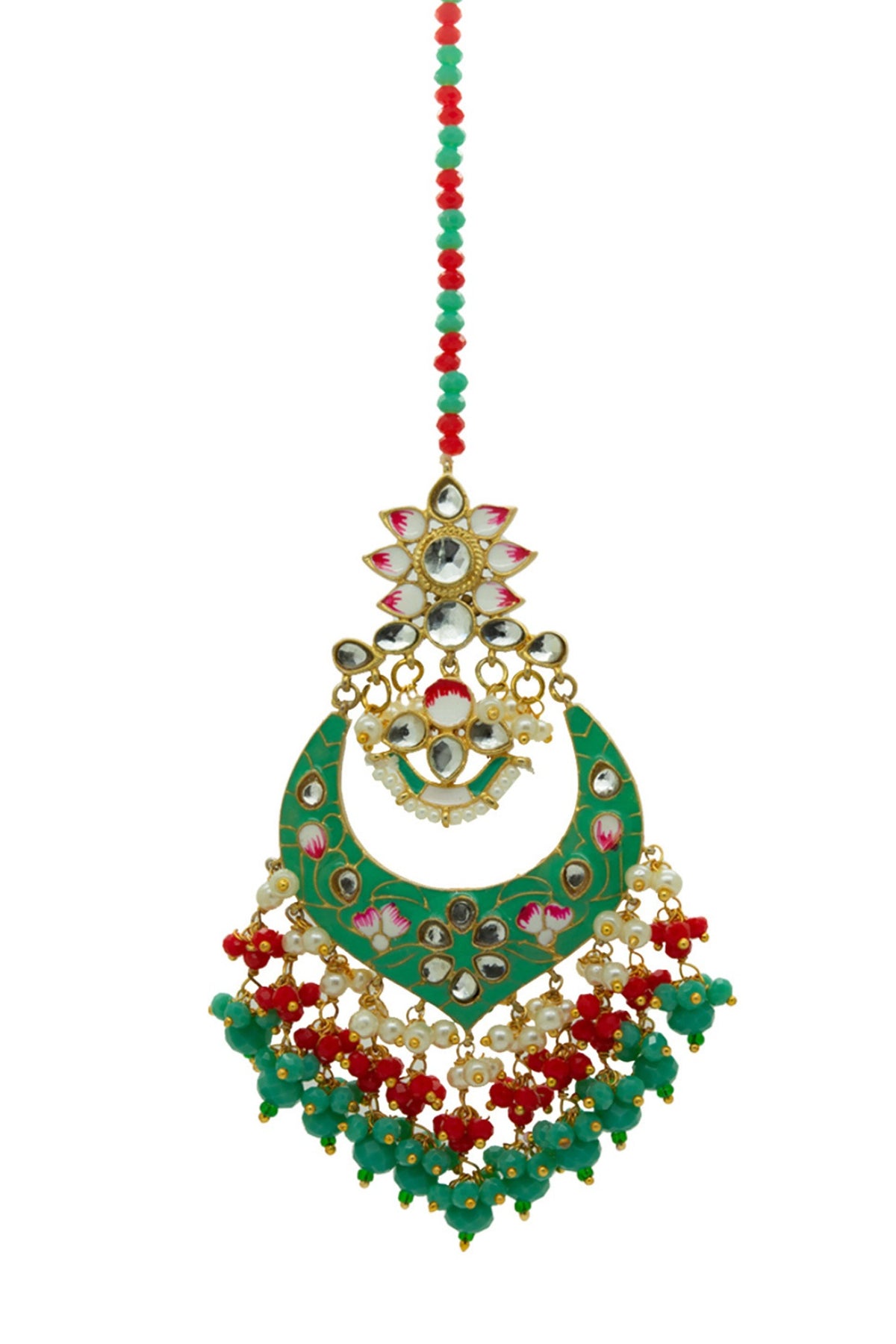 Gold Finish Enameled Dark Mint Meenakari Maang tikka Set