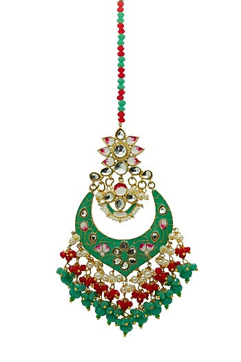 Gold Finish Enameled Dark Mint Meenakari Maang tikka Set