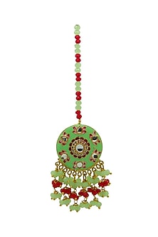 Gold Finish Green Beaded Meenakari Maang tikka Set